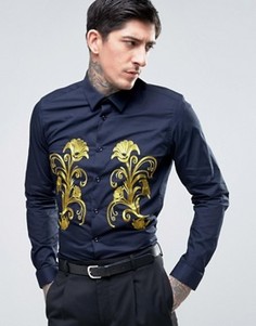 Приталенная рубашка с цветочной вышивкой Devils Advocate Premium - Темно-синий