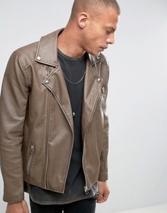 Байкерская куртка из искусственной кожи выбеленного коричневого цвета ASOS - Бежевый