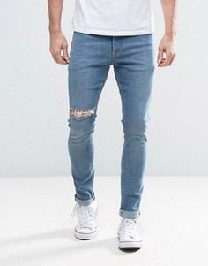 Синие выбеленные джинсы скинни с прорехами ASOS - Синий