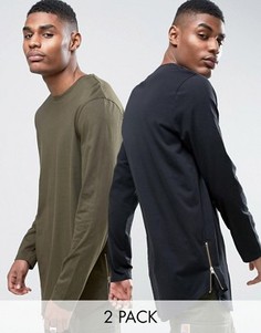 2 супердлинных футболки с закругленным низом на молниях (черная, зеленая) ASOS - СКИДКА - Мульти