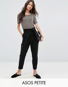 Льняные брюки со сборками на талии и поясом ASOS PETITE - Черный