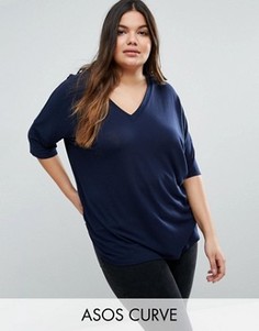 Oversize-футболка в рубчик с асимметричной кромкой ASOS CURVE - Темно-синий