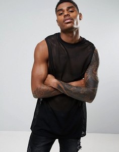 Черная длинная футболка без рукавов с низкими проймами ASOS - Черный