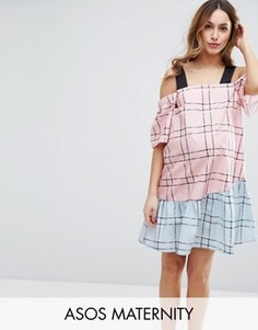 Хлопковое платье в клетку с открытыми плечами ASOS Maternity - Мульти