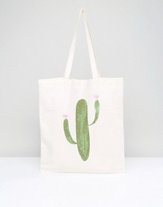 Большая сумка из парусины с кактусом Monki - Зеленый