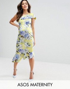 Платье миди на одно плечо с принтом и баской ASOS Maternity - Желтый