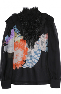 Шелковая полупрозрачная блуза с принтом и декоративной отделкой бисером Dries Van Noten