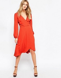 Платье миди с пышными рукавами и запахом на юбке ASOS - Красный