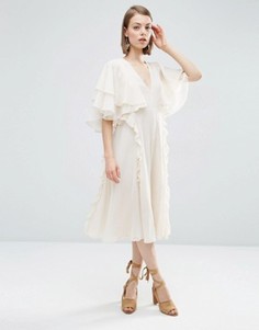 Платье миди с короткими рукавами и рюшами ASOS - Бежевый