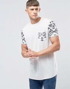 Длинная футболка с ацтекским принтом на рукавах и кармане ASOS - Белый