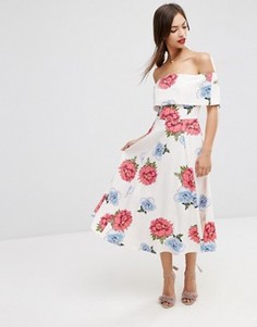 Цветочное платье миди для выпускного с открытыми плечами ASOS - Мульти