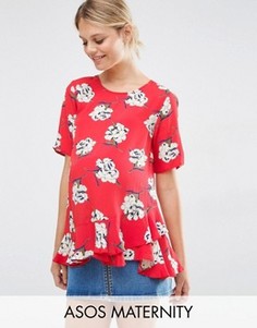 Футболка с цветочным принтом и оборкой по краю ASOS Maternity - Мульти