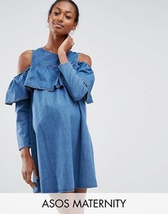 Джинсовое платье с открытыми плечами ASOS Maternity - Синий