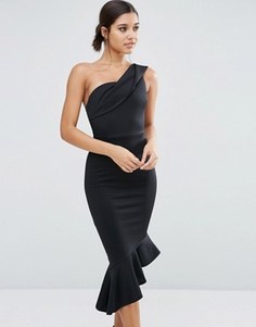 Платье миди на одно плечо с баской ASOS Scuba - Черный