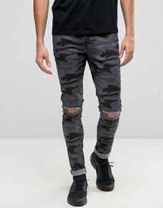 Супероблегающие камуфляжные джинсы с рваными коленями ASOS - Черный