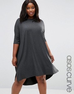 Свободное платье-футболка с закругленным низом ASOS CURVE - Серый