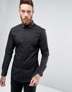 Рубашка скинни с вышивкой роз на воротнике ASOS - Черный
