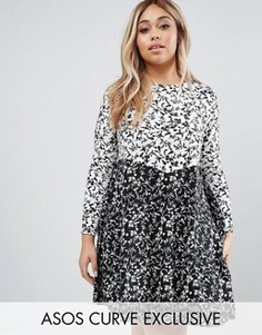 Короткое приталенное платье с круглым вырезом и комбинированным принтом ASOS CURVE - Мульти