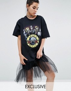 Reclaimed Vintage Inspired Oversized Guns N Roses Tour T-Shirt Dress With Tulle Underlay - Черный