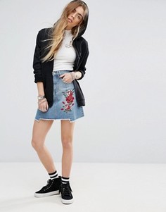 Minkpink Beauty And The Beast Reconstructed Denim Skirt With Rose Embroidery - Синий