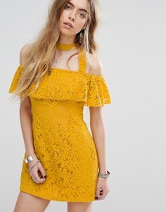 Minkpink Beauty And The Beast Bardot Frill Dress With Choker Strap Detail In Lace - Желтый