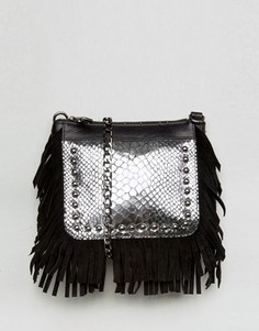 Urbancode Real Leather Fringed Cross Body Bag with Silver Emobossed Croc - Черный