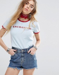 Minkpink Beauty And The Beast Ringer T-Shirt With Enchanted Rose Print - Синий