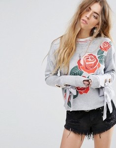 Minkpink Beauty And The Beast Sweatshirt With Rose Print And Ribbon Cuff Details - Серый
