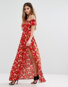 Boohoo Bardot Floral High Split Maxi Dress - Красный