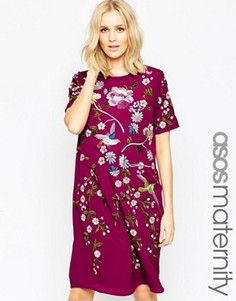 Цельнокройное платье для беременных с вышитыми цветами и птицами ASOS Maternity - Красный