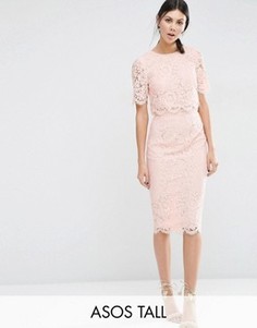 Кружевное платье-футляр миди с укороченным топом ASOS TALL - Розовый