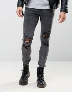 Рваные супероблегающие джинсы с эффектом кислотной стирки ASOS - Серый