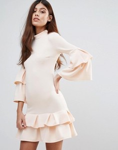 Club L High Neck Double Ruffle Dress - Бежевый