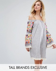Glamorous Tall Bardot Dress With Floral Embroidered Sleeves - Мульти