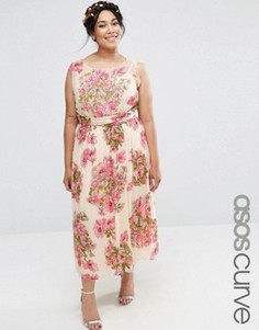 Платье миди с цветочным принтом и отделкой на лифе ASOS CURVE SALON - Мульти