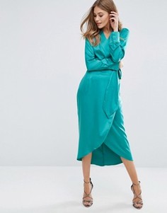 Атласное платье миди с запахом и завязкой Boohoo - Зеленый