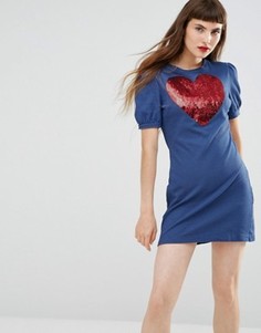 Синее платье с сердцем из пайеток Love Moschino - Синий