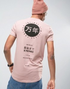 Длинная обтягивающая футболка с принтом на спине и закругленной кромкой ASOS - Розовый