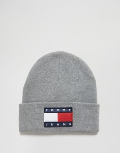 Серая меланжевая шапка-бини из трикотажа в стиле 90-х Tommy Jeans - Серый