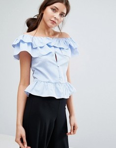 Boohoo Ruffle Bardot Stripe Top - Синий