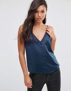 Атласный топ с глубоким V‑образным вырезом и пуговицами спереди ASOS - Темно-синий