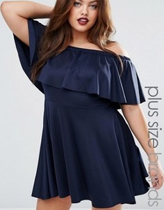 Короткое приталенное платье с открытыми плечами и оборкой Praslin Plus - Темно-синий