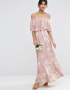 Розовое платье макси с открытыми плечами и оборкой ASOS WEDDING - Мульти
