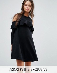 Трикотажное платье с открытыми плечами и оборкой ASOS PETITE - Черный