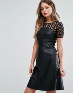 Короткое приталенное платье из искусственной кожи с кружевной кокеткой Vero Moda - Черный