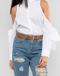 Кожаный серебристый ремень с пряжкой ASOS - Коричневый