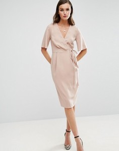 Платье миди с запахом на лифе и завязкой на поясе ASOS - Розовый