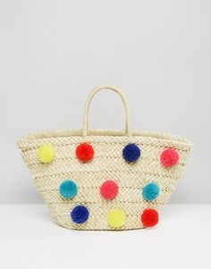 Glamorous Straw Beach Bag With Oversized Poms - Мульти