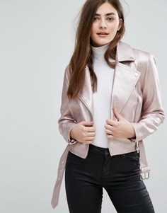 Байкерская куртка из искусственной кожи с эффектом металлик New Look - Розовый