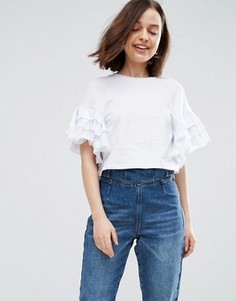 Укороченная футболка с оборками на рукавах ASOS - Белый